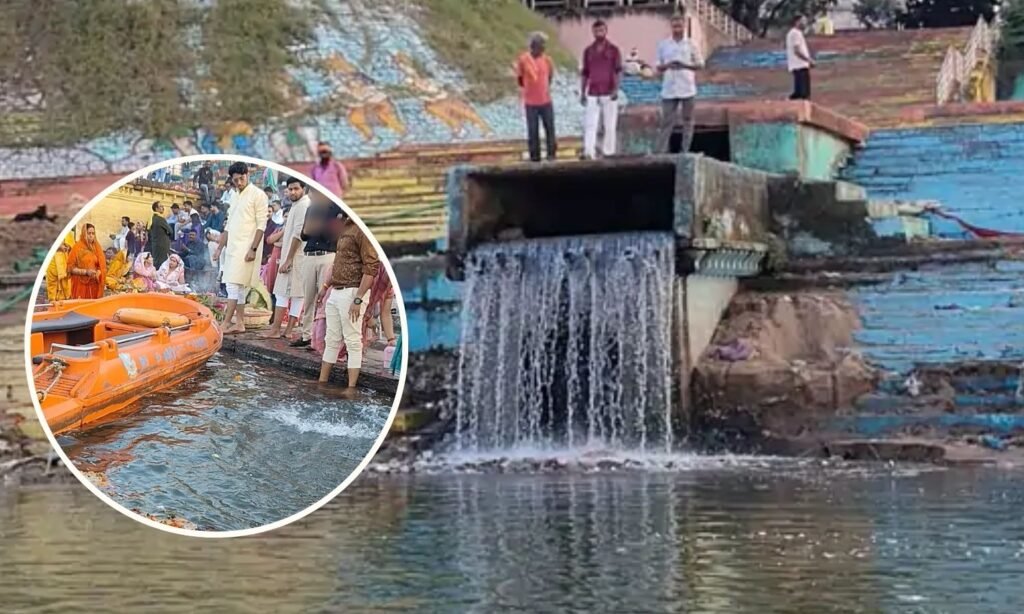 Dirty drain water released into the Narmada River during Chhath Puja 2025