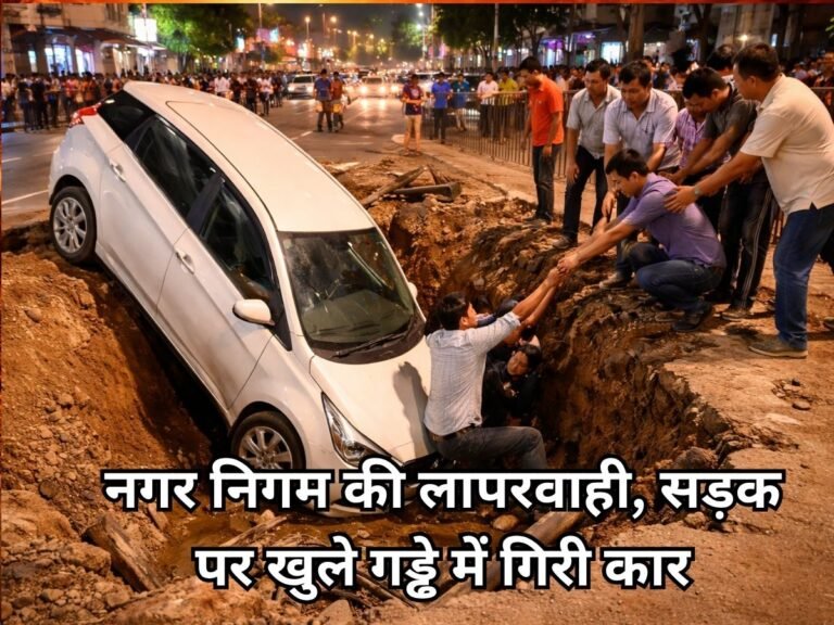 Road Accident Bhopal : भोपाल में सड़क पर खुले गड्ढे में गिरी कार, नगर निगम की लापरवाही उजागर