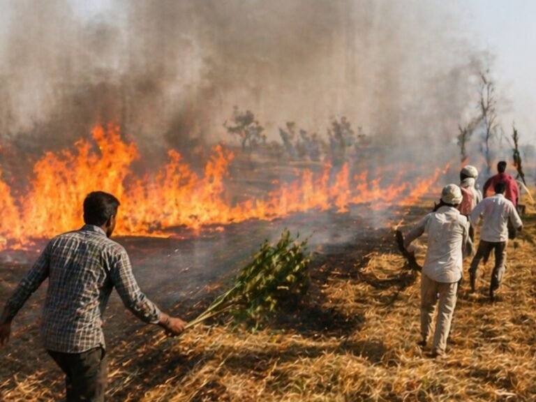 Betul fire incident : नरखेड़ गांव में भीषण आग, 200 एकड़ से ज्यादा फसल और भूसा जलकर खाक