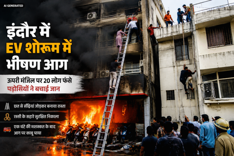 EV Showroom Fire : इंदौर में EV शोरूम में भीषण आग, 20 लोग फंसे; पड़ोसियों ने रस्सी और सीढ़ी से बचाई जान
